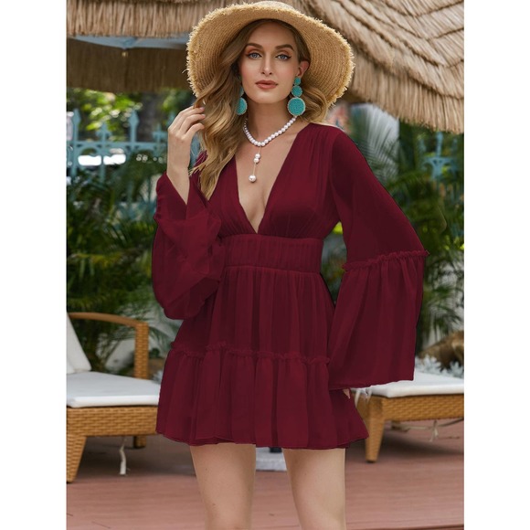 Plunging v Neck Frill Ruffle Hem long sleeve Chiffon mini Dress black 💙 - Picture 11 of 11